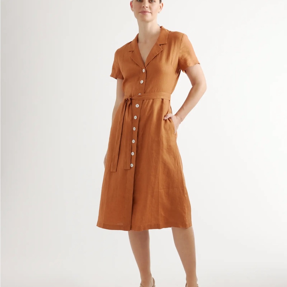 QUINCE 100% European Linen Button Front Dress, Terracotta